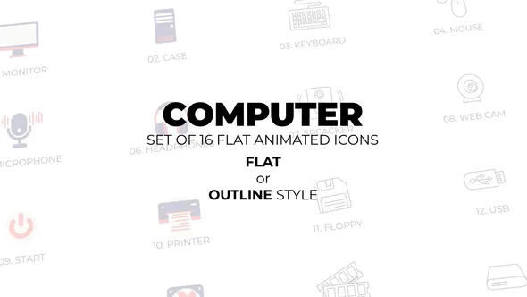 AE模板-16个计算机动画图标，平面和轮廓样式 icons or outline style