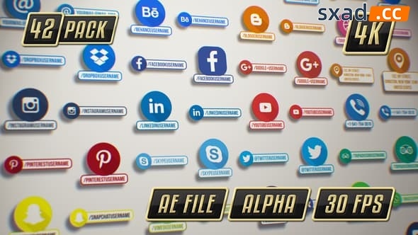 AE模版-42个社交媒体图形动画Social Media Icons & Lower Thirds Pack